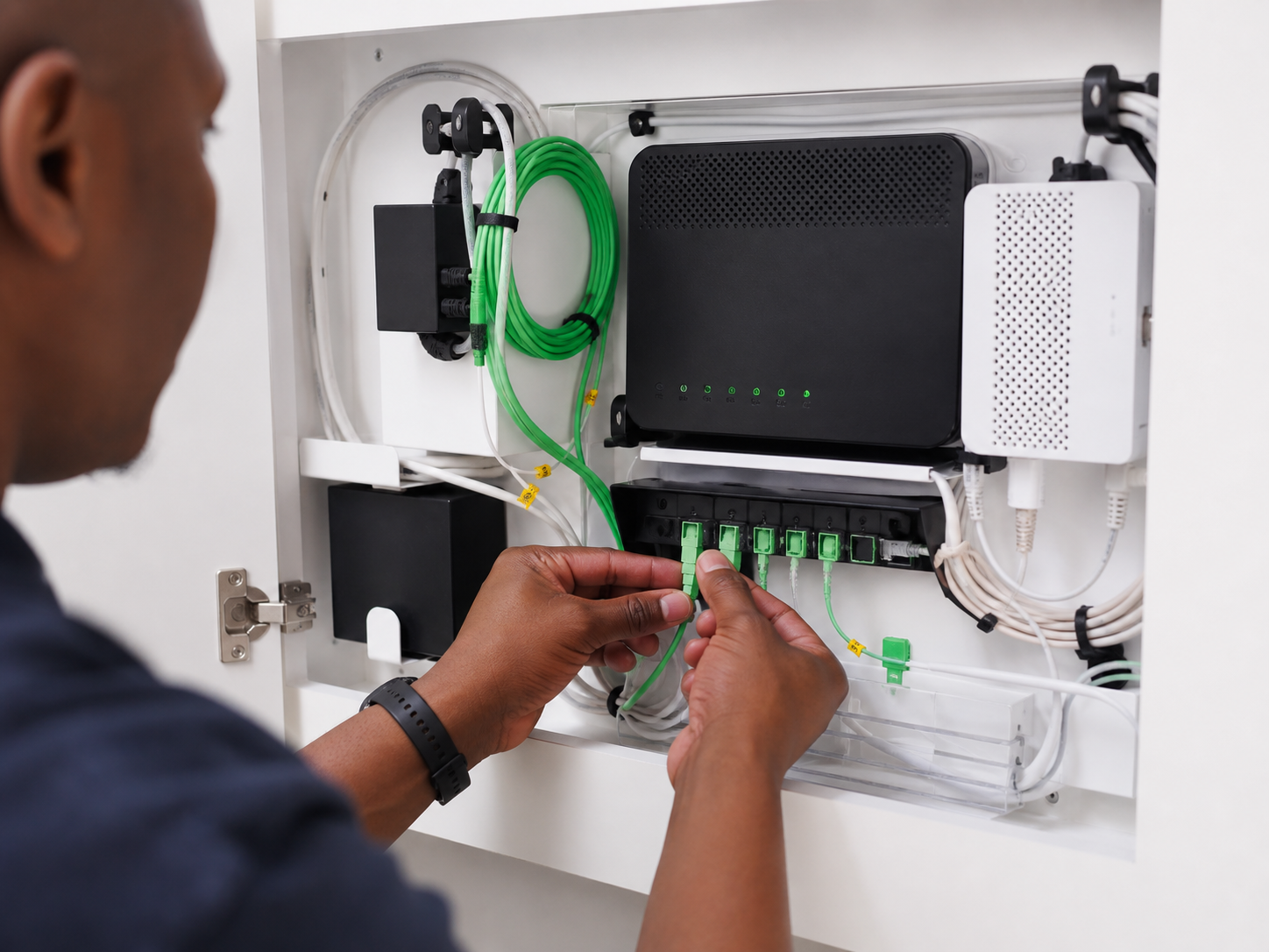Technician working on fibre and WiFi equipment