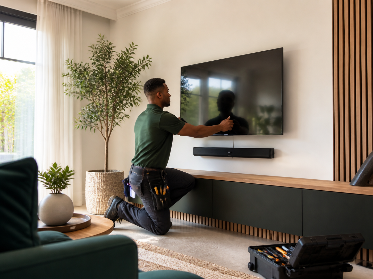 Technician neatly mounting a television